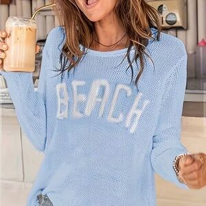 NEW WOMEN'S LIGHTWEIGHT CREW NECK PULLOVER WITH "BEACH" LETTERING- SMALL